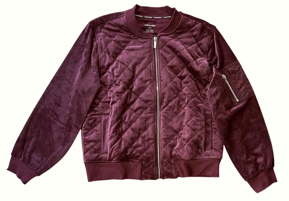 NWT Calvin Klein Stand Collar Quilted Burgundy Velour Bomber Jacket Large